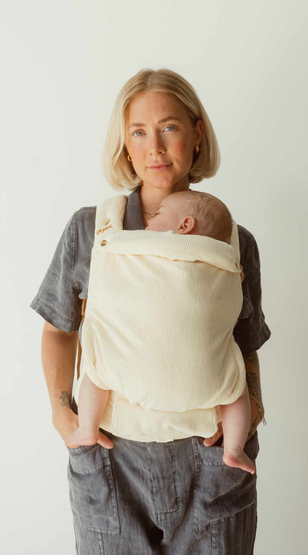 cotton corduroy ivory white cord baby clip carrier by chekoh australian owned and perfect for newborns and toddlers 