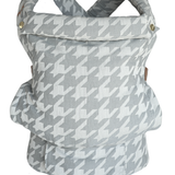 Image of the Hudson Clip Carrier 2.0 by Chekoh Baby. Grey and vintage gray white houndstooth print woven in 100% cotton jacquard. Featuring gold hardware.