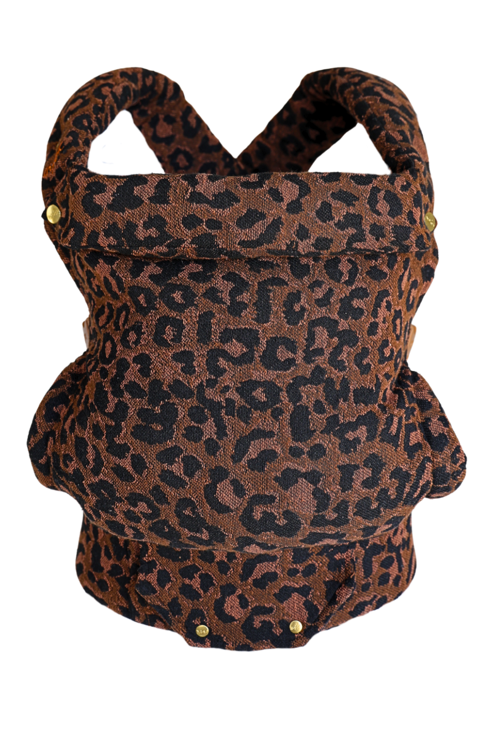 Image of the Leopard Clip Carrier 2.0 by Chekoh Baby - featuring a black, tan and brown Leopard print woven in a Cotton Jacquard including gold hardware.