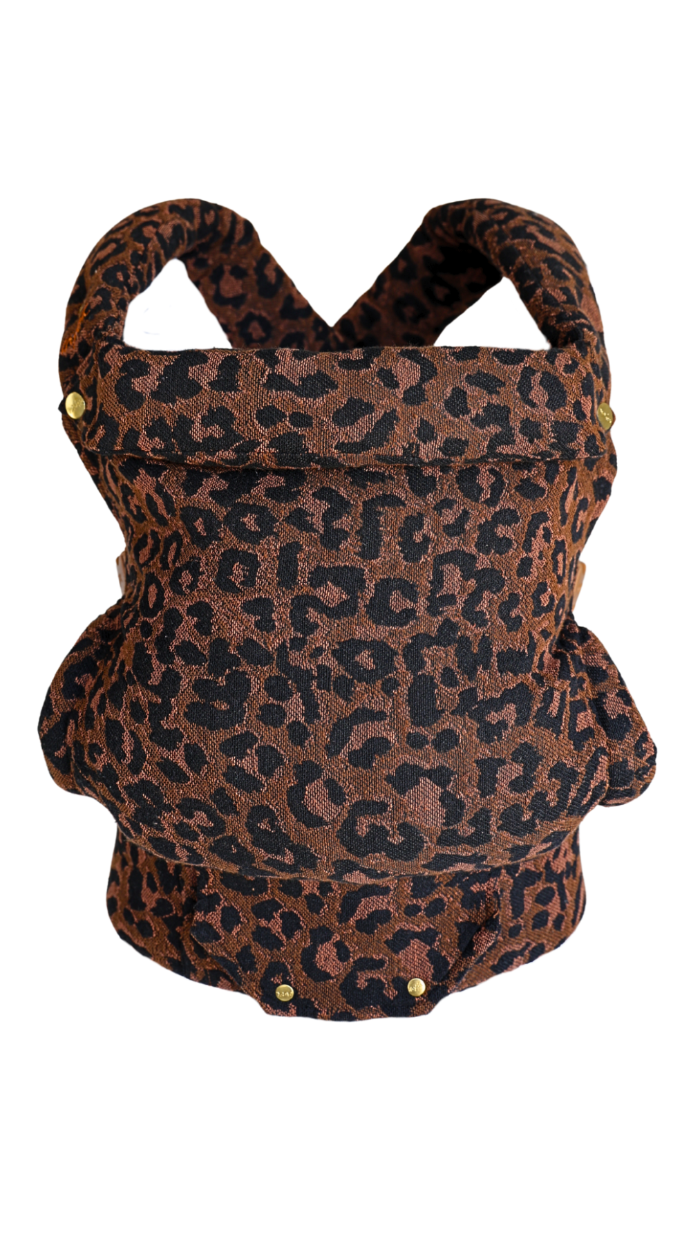 Image of the Leopard Clip Carrier 2.0 by Chekoh Baby - featuring a black, tan and brown Leopard print woven in a Cotton Jacquard including gold hardware.