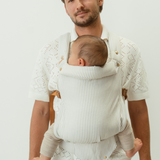 bamboo linen grey stripe baby clip carrier by chekoh australian owned and perfect for newborns and toddlers male babywearing model dad