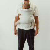 bamboo linen grey stripe baby clip carrier by chekoh australian owned and perfect for newborns and toddlers male babywearing model dad