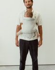 bamboo linen grey stripe baby clip carrier by chekoh australian owned and perfect for newborns and toddlers male babywearing model dad