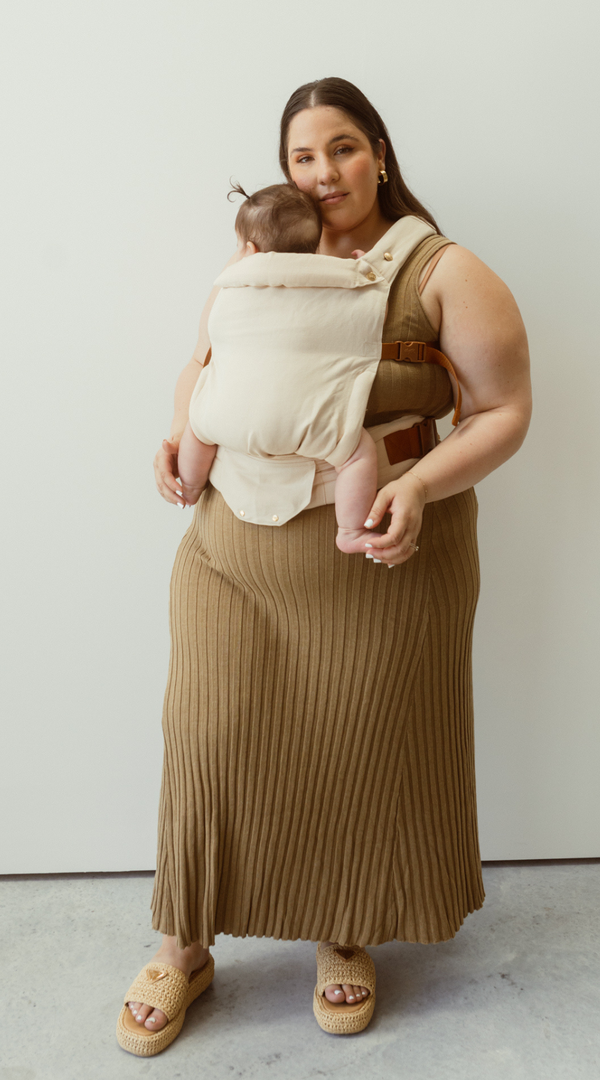 bamboo linen sandy beige baby clip carrier by chekoh australian owned and perfect for newborns and toddlers  maddy zanata plus size mum mama  - suitable up to size 22