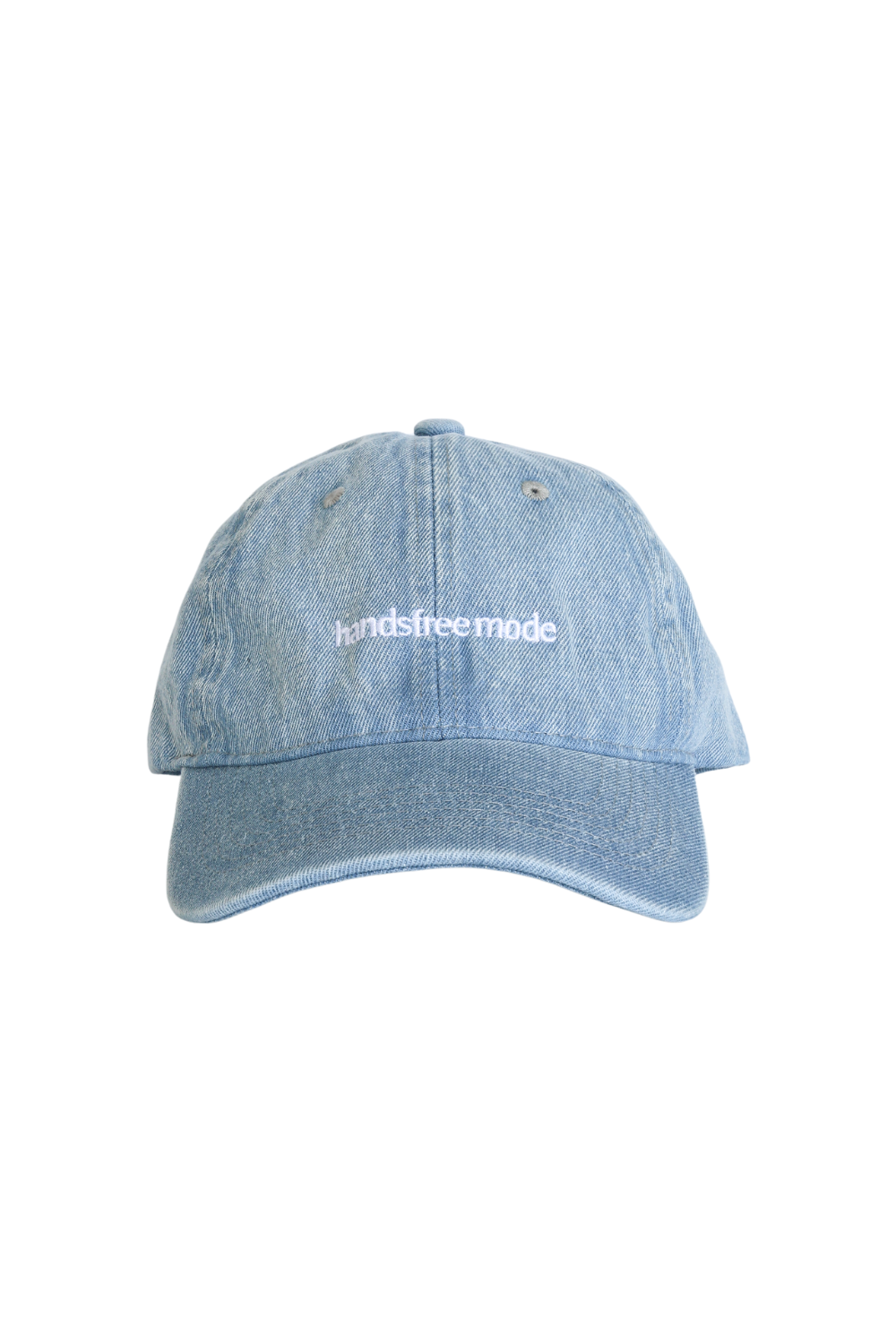 Blue lightwash denim cotton cap/hat with white embroidery on the front 'handsfree mode' by Chekoh Baby