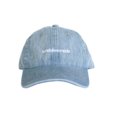 Blue lightwash denim cotton cap/hat with white embroidery on the front 'handsfree mode' by Chekoh Baby