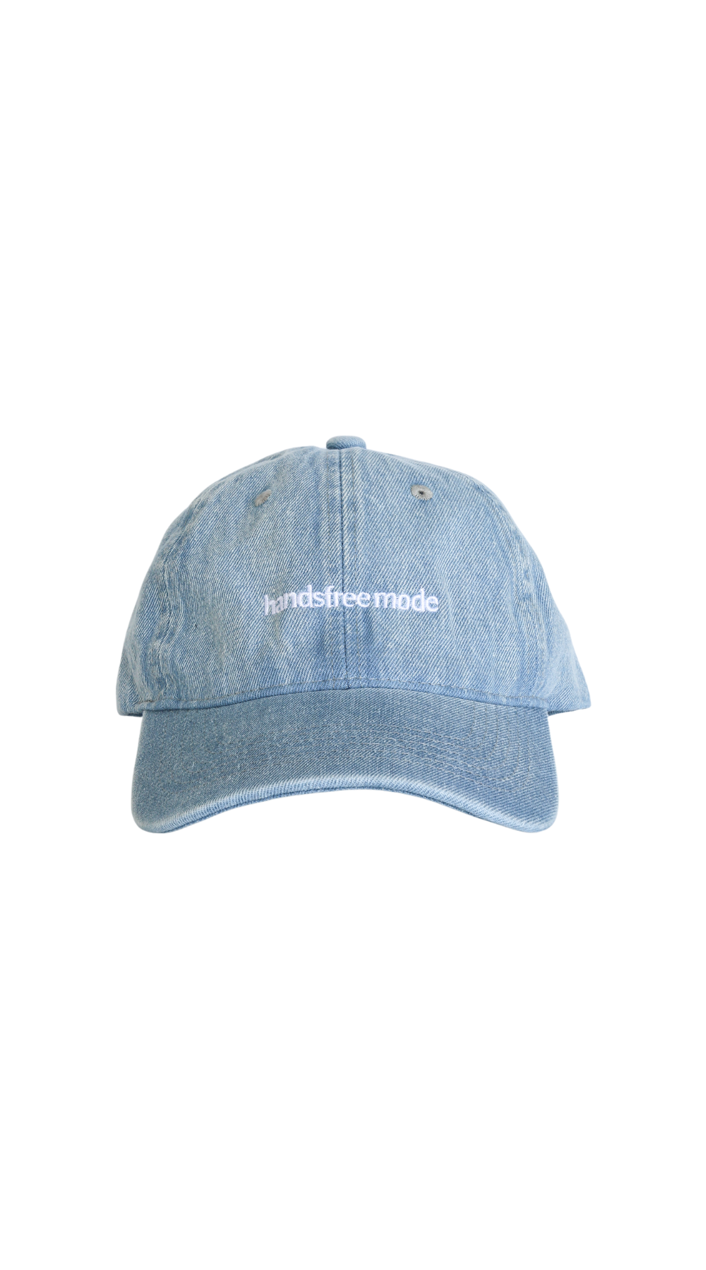 Blue lightwash denim cotton cap/hat with white embroidery on the front 'handsfree mode' by Chekoh Baby
