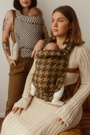 Side by side image of the Brooklyn Clip Carrier and Kennedy Clip Carrier. Houndstooth and Black Stripe chevron pattern.