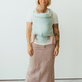 bamboo linen teal blue green colour baby clip carrier by chekoh australian owned and perfect for newborns and toddlers 