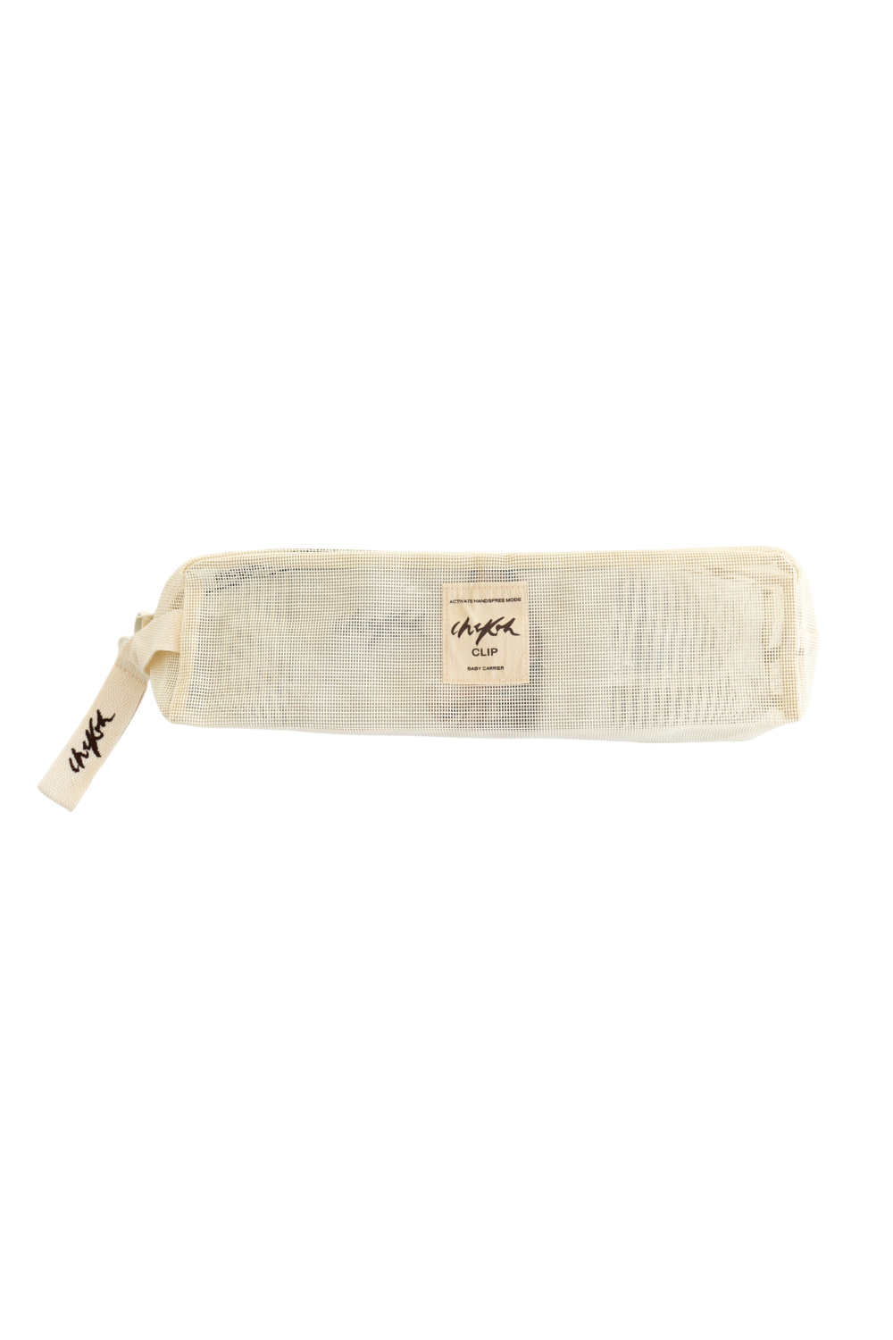 Image of Chekoh Clip Storage Bag - beige storage bag with embroidered Chekoh removable key chain. 