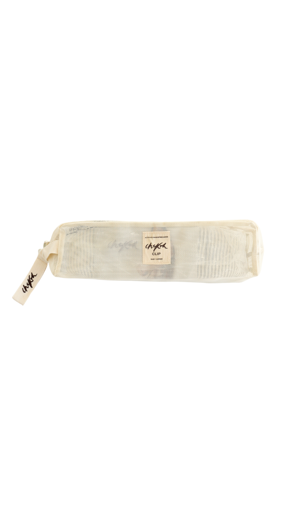 Image of Chekoh Clip Storage Bag - beige storage bag with embroidered Chekoh removable key chain. 