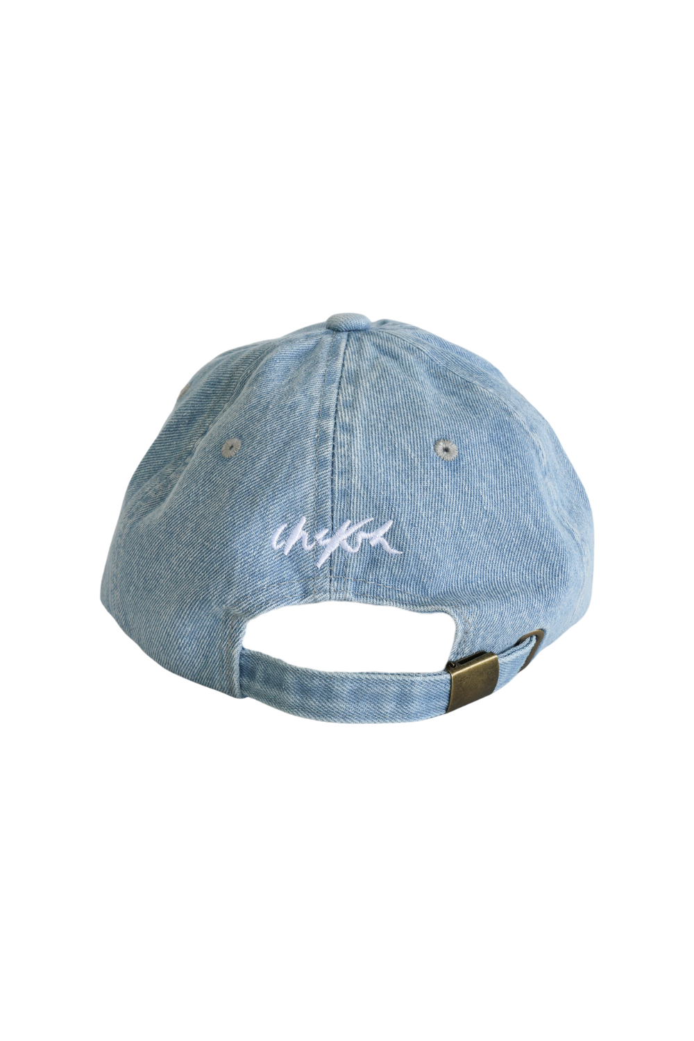 Back of Denim Chekoh Cap with Chekoh logo embroidered in white on a light wash blue denim Cap