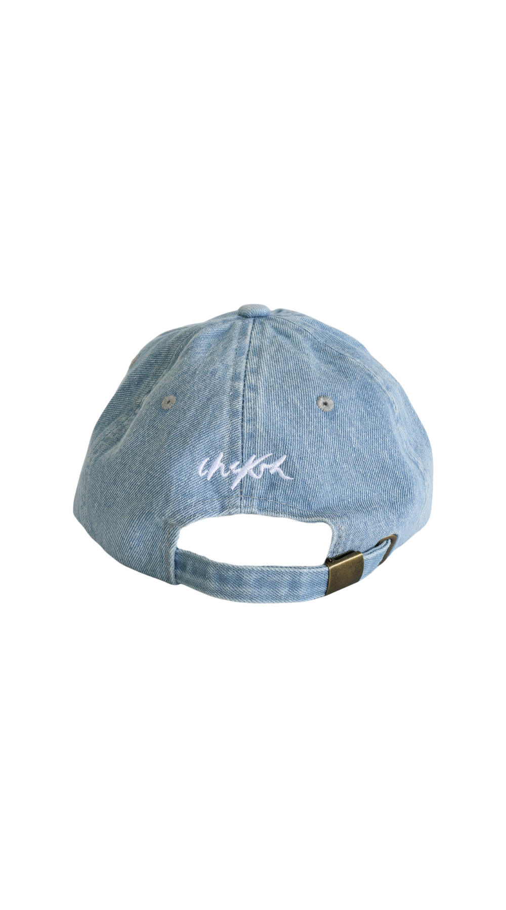 Back of Denim Chekoh Cap with Chekoh logo embroidered in white on a light wash blue denim Cap
