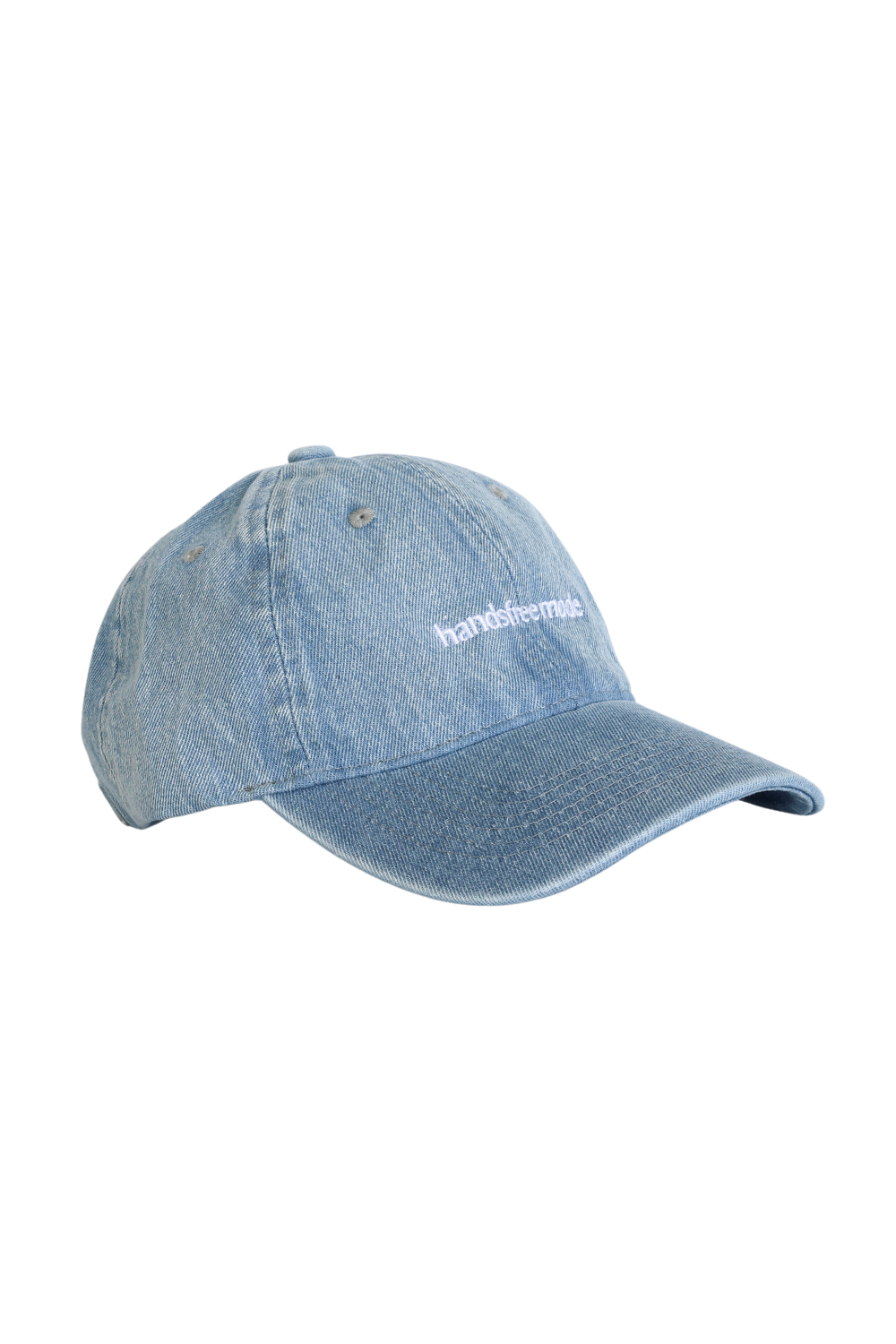 Blue light wash denim Chekoh Cap with white 'handsfree mode' embroidered on the front.