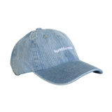 Blue light wash denim Chekoh Cap with white 'handsfree mode' embroidered on the front.