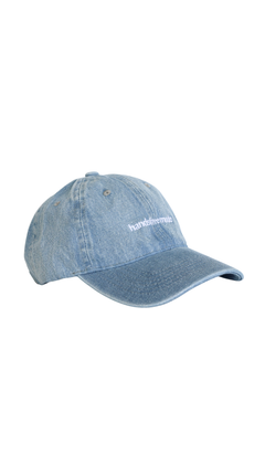 Blue light wash denim Chekoh Cap with white 'handsfree mode' embroidered on the front.