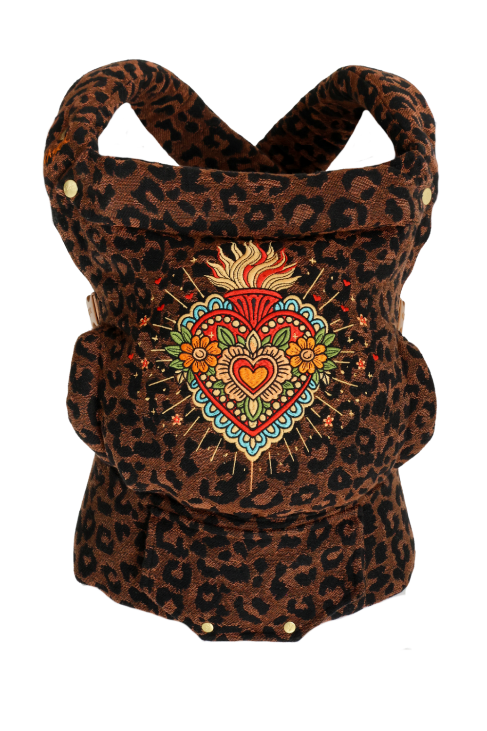 A brown leopard print baby carrier wrap with a colourful embroidered sacred heart design on the front, shown against a plain white background.