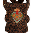 A brown leopard print baby carrier wrap with a colourful embroidered sacred heart design on the front, shown against a plain white background.