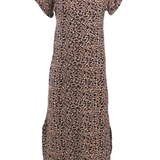 Leopard print Journey Dress by Chekoh on a white background. Short sleeves, mid length with round scoop neck.