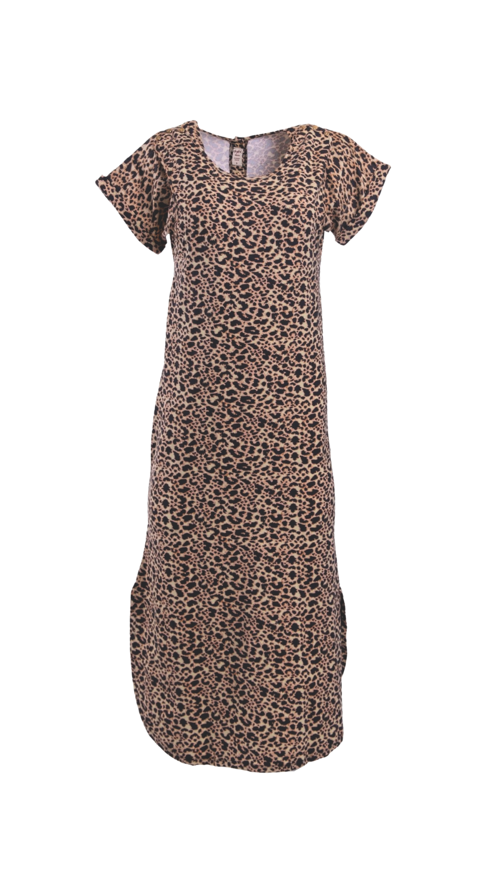 Leopard print Journey Dress by Chekoh on a white background. Short sleeves, mid length with round scoop neck.