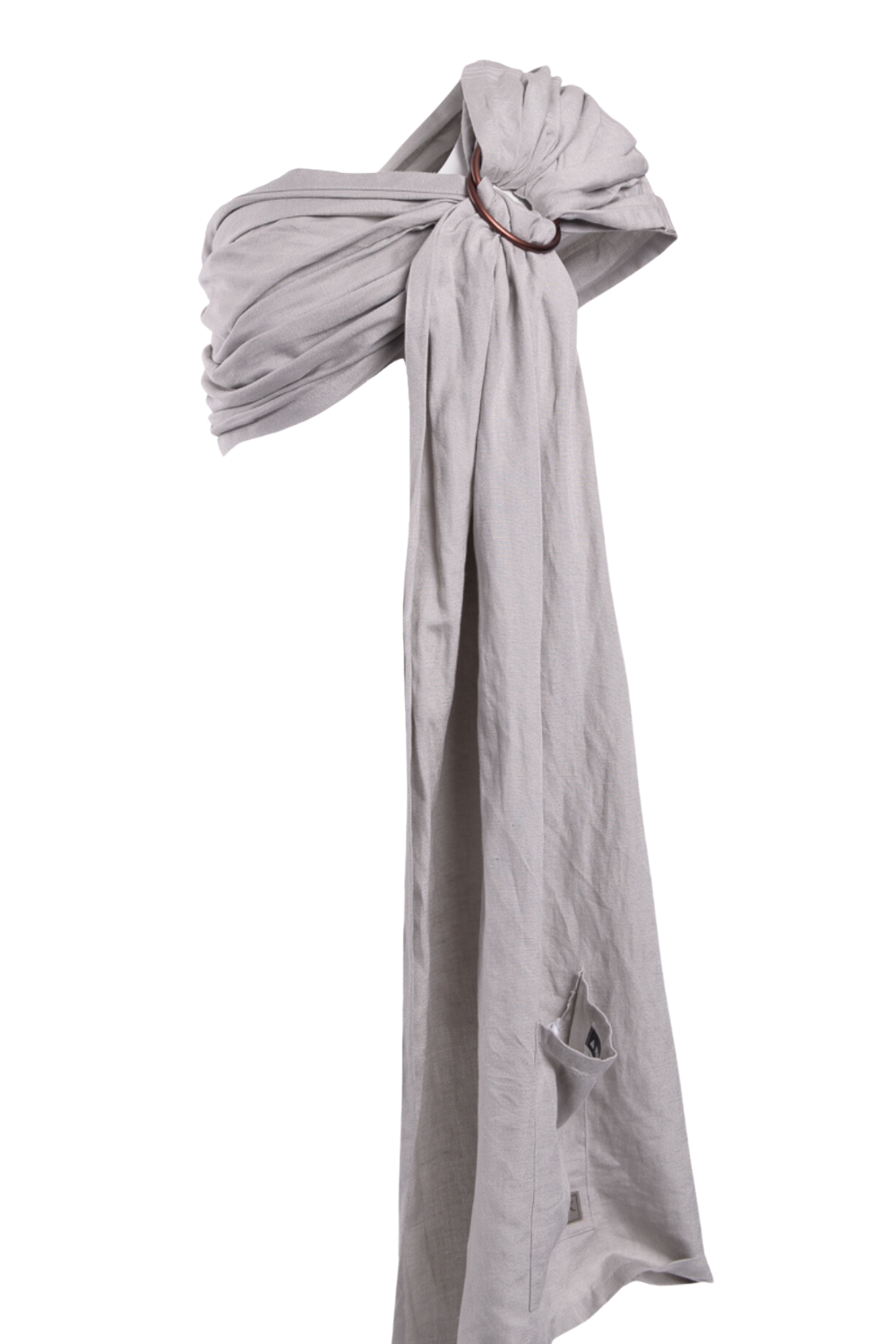 A soft neutral grey toned Asha Ring Sling Carrier by Chekoh Baby on a white backdrop.