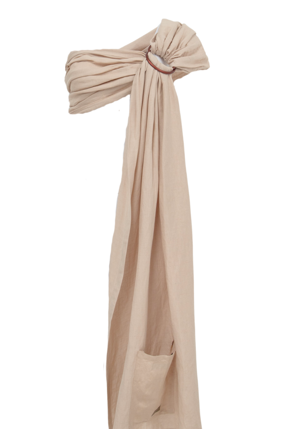 A sandy beige bamboo and linen Ring Sling Baby Carrier by Chekoh is on a white backdrop. 