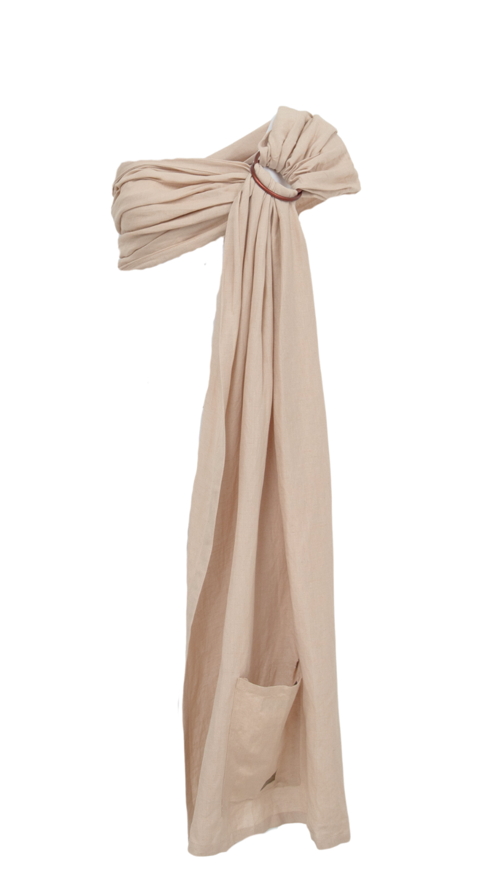 A sandy beige bamboo and linen Ring Sling Baby Carrier by Chekoh is on a white backdrop. 