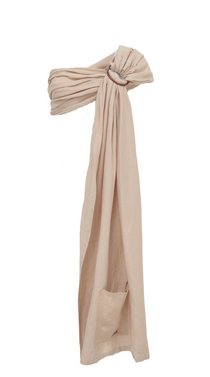 A sandy beige bamboo and linen Ring Sling Baby Carrier by Chekoh is on a white backdrop. 