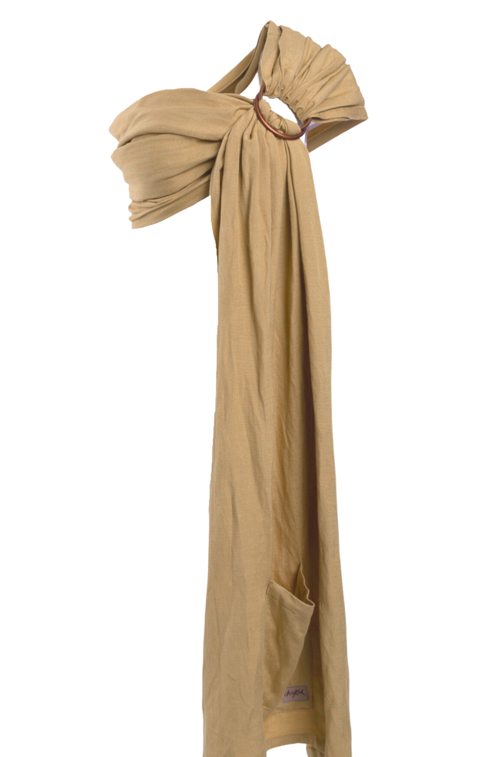 Camel coloured Ring Sling Baby Carrier by Chekoh on a white background. Camel is a soft yellow neutral toned colour.