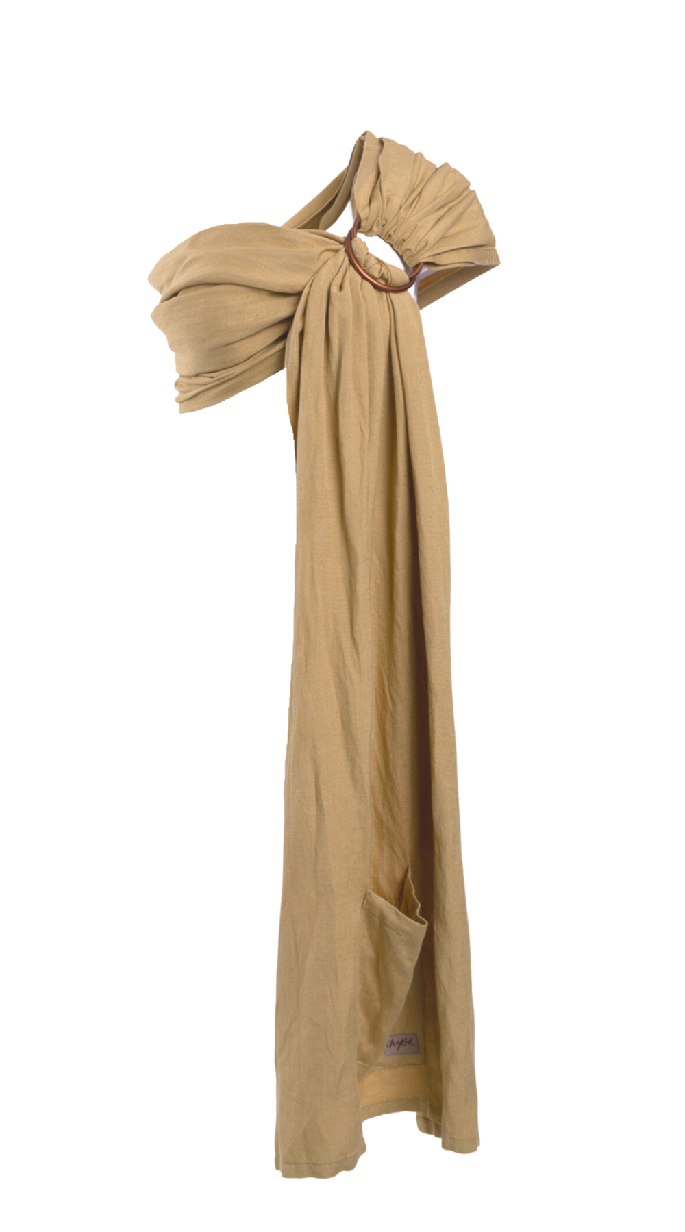 Camel coloured Ring Sling Baby Carrier by Chekoh on a white background. Camel is a soft yellow neutral toned colour.