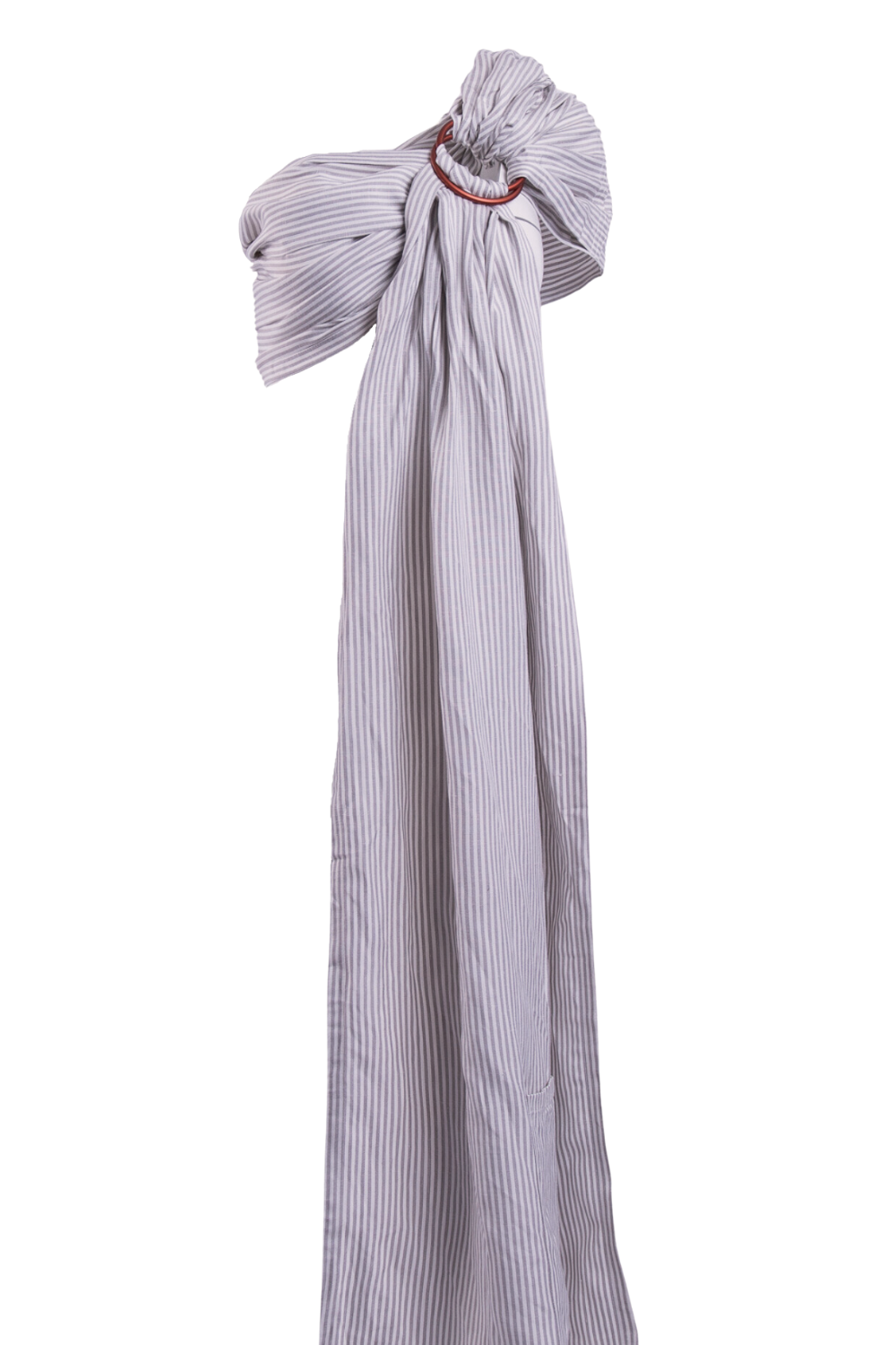 A ghost image of the best-selling Grey Stripe Ring Sling by Chekoh Baby. The linen and bamboo fabric is woven with a grey and white stripe throughout. Featured on a white backdrop for contrast. 