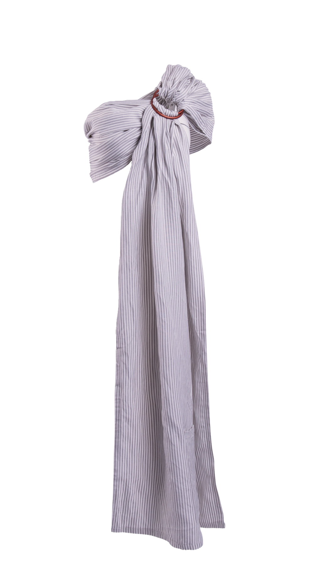 A ghost image of the best-selling Grey Stripe Ring Sling by Chekoh Baby. The linen and bamboo fabric is woven with a grey and white stripe throughout. Featured on a white backdrop for contrast. 