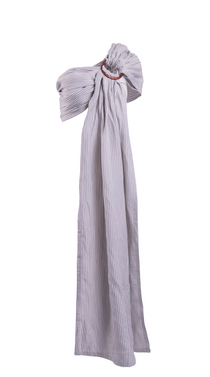 A ghost image of the best-selling Grey Stripe Ring Sling by Chekoh Baby. The linen and bamboo fabric is woven with a grey and white stripe throughout. Featured on a white backdrop for contrast. 