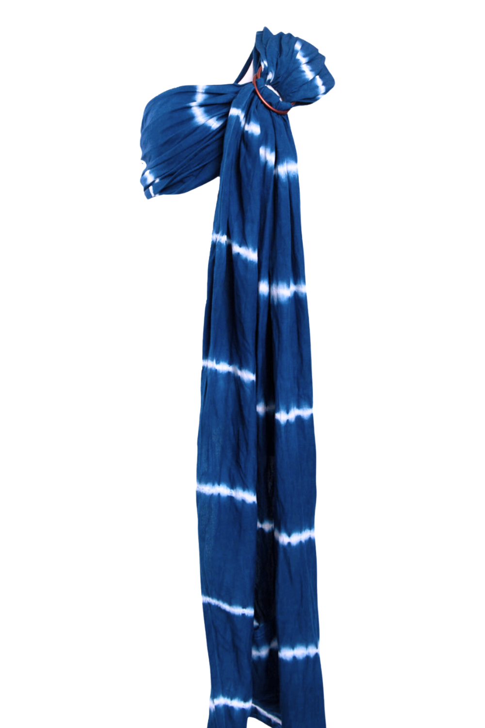 A deep blue and white tie dyed Indigo Ring Sling Carrier by Chekoh Baby featured on a white background. 