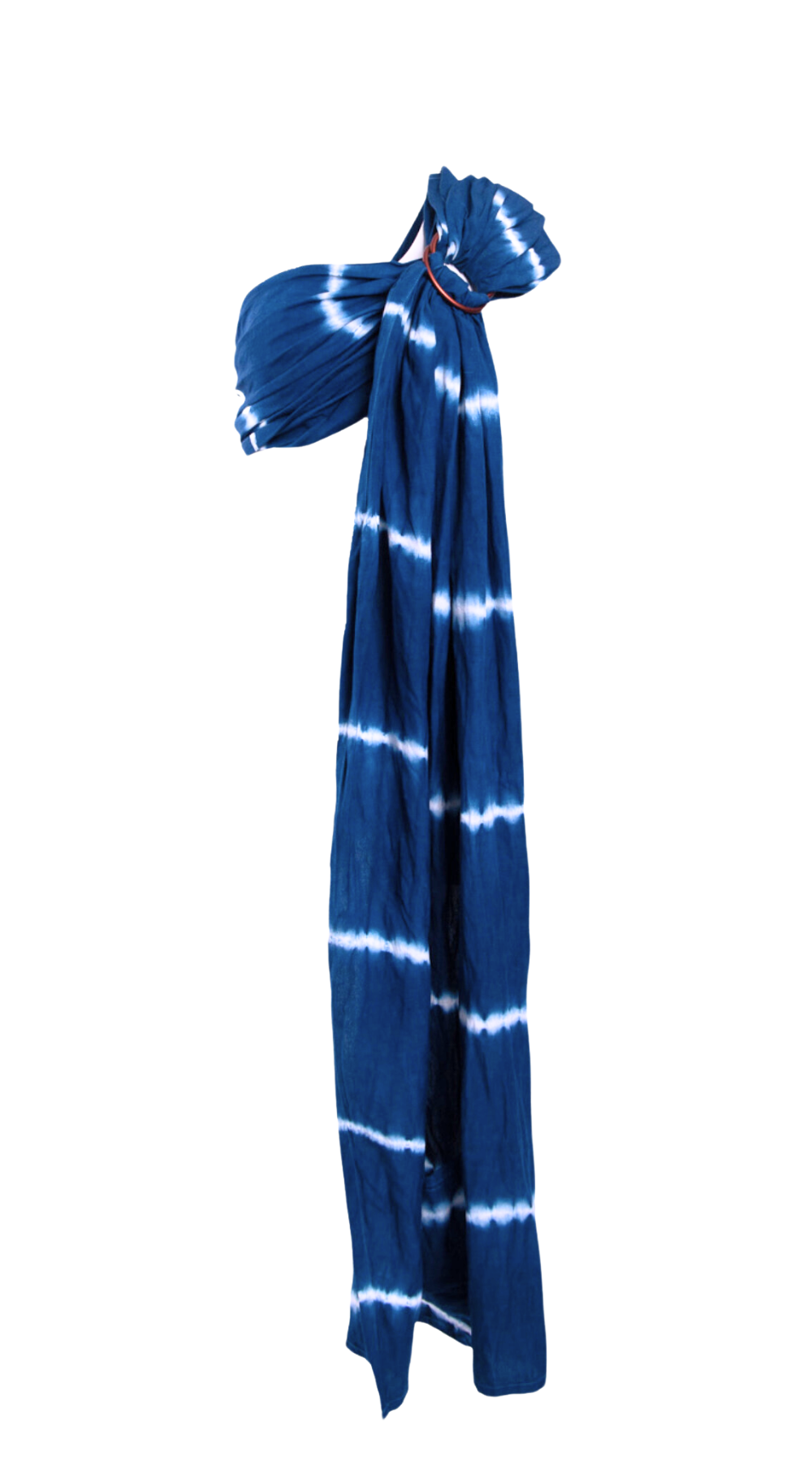 A deep blue and white tie dyed Indigo Ring Sling Carrier by Chekoh Baby featured on a white background. 