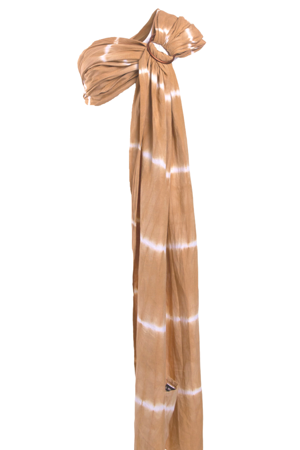 Cove Sling on a white backdrop. A caramel and white tie dye print Ring Sling Carrier by Chekoh baby.