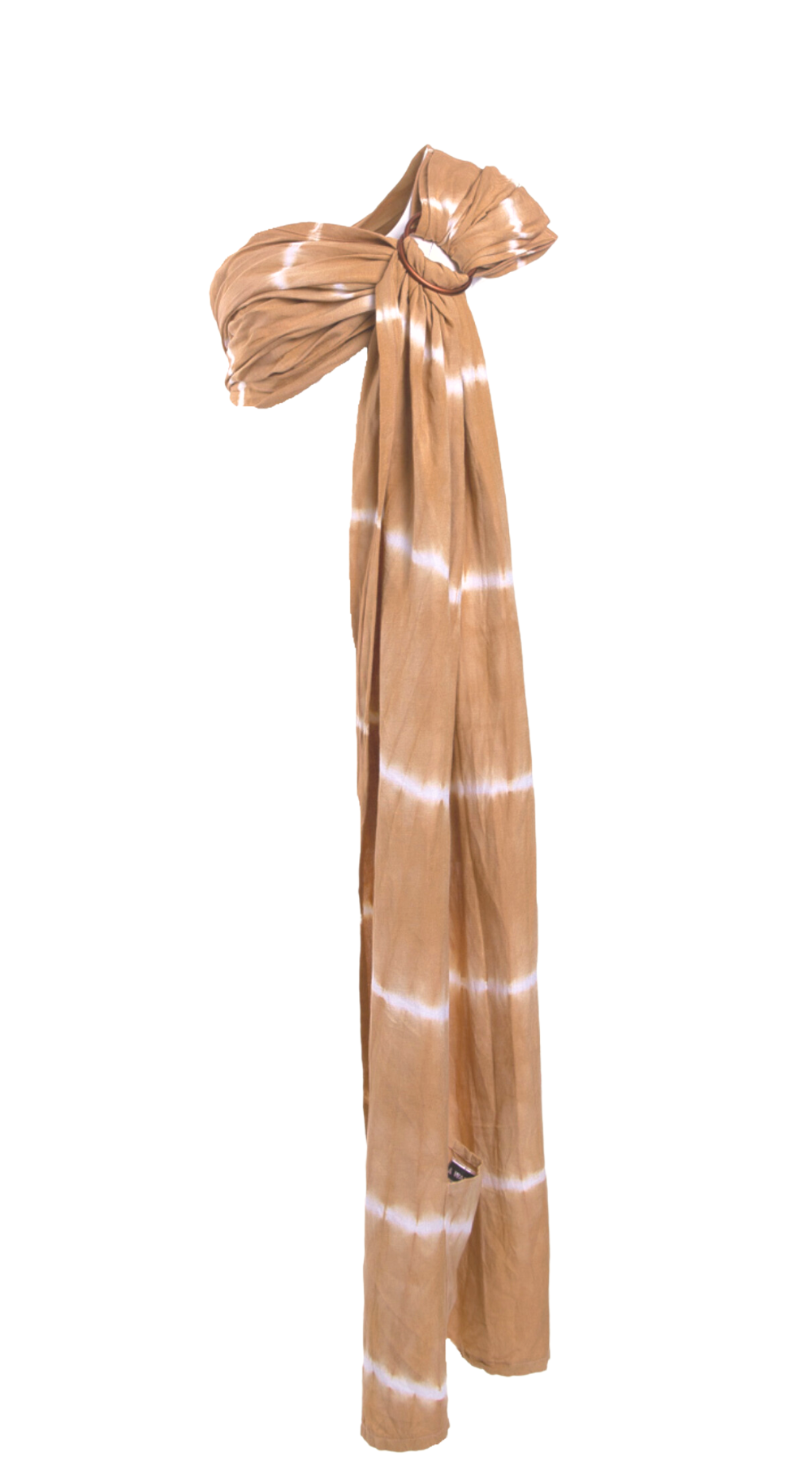 Cove Sling on a white backdrop. A caramel and white tie dye print Ring Sling Carrier by Chekoh baby.