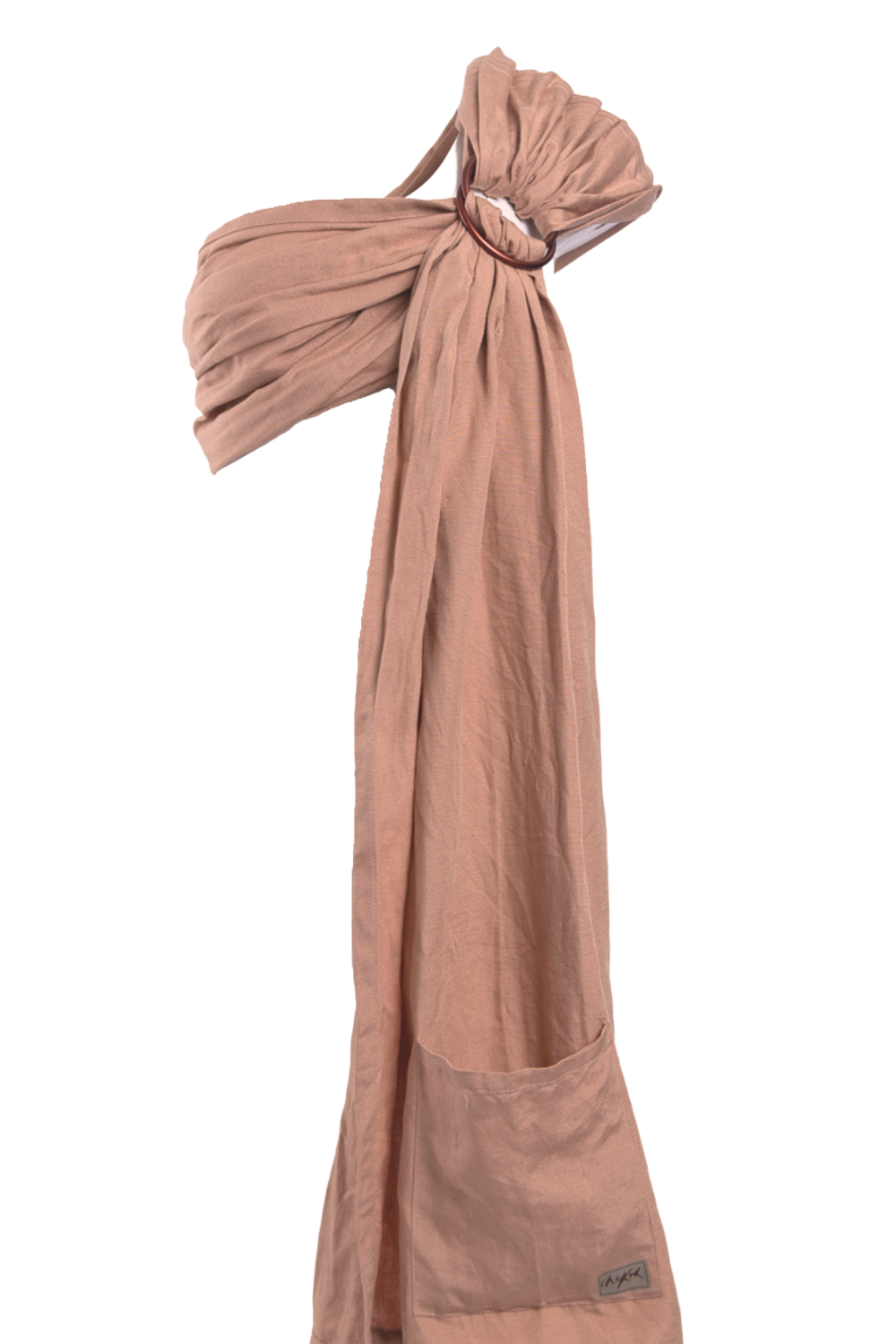 A Chekoh Terracotta Ring Sling Baby Carrier on a white backdrop. A neutral light terracotta tone. 