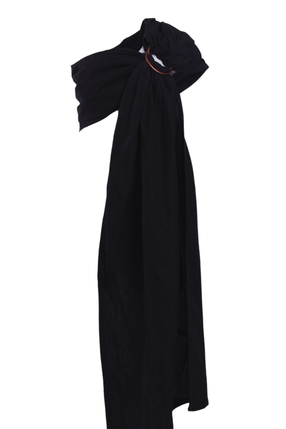 A true black coloured Ring Sling Baby Carrier by Chekoh against a white backdrop. 