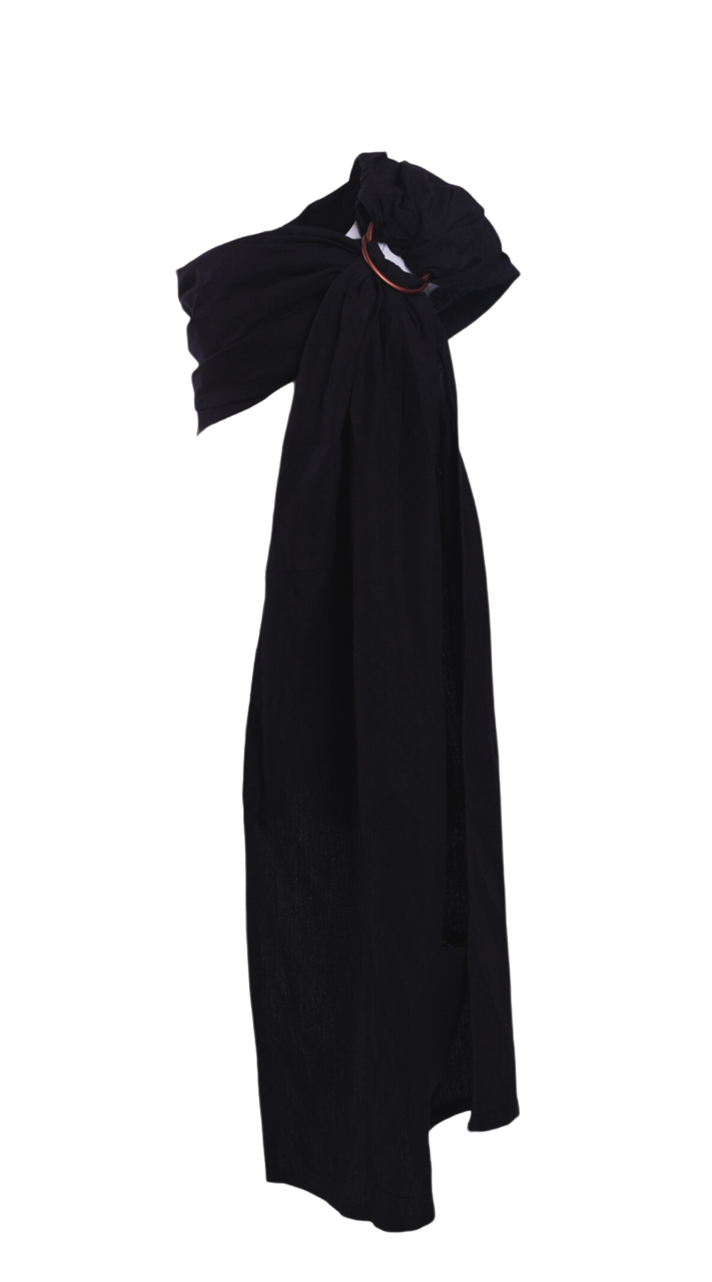 A true black coloured Ring Sling Baby Carrier by Chekoh against a white backdrop. 